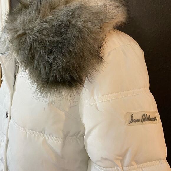 Sam EDELMAN Cream Water Repellent Puffer‎ Coat with zip off Faux Fur Collar - Picture 10 of 13